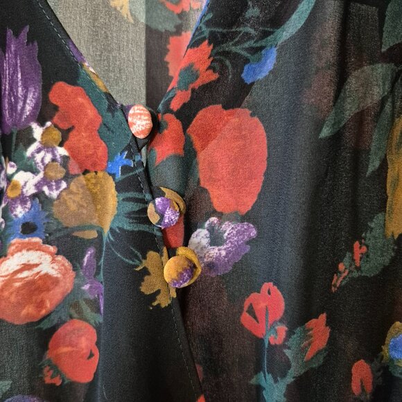Vintage 80s-90s 1940s-Inspired Sheer Floral Top | Diagonal Buttons | M–L - Picture 5 of 8